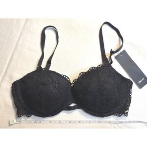 DKNY Lace Push-Up Bra Womens 32D Black NEW Padded Underwire Floral Balconette
